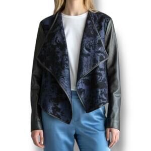 NWT Vtg Black Leather Blue Laser Cut Velvet Open Front Jacket Size S Deadstock